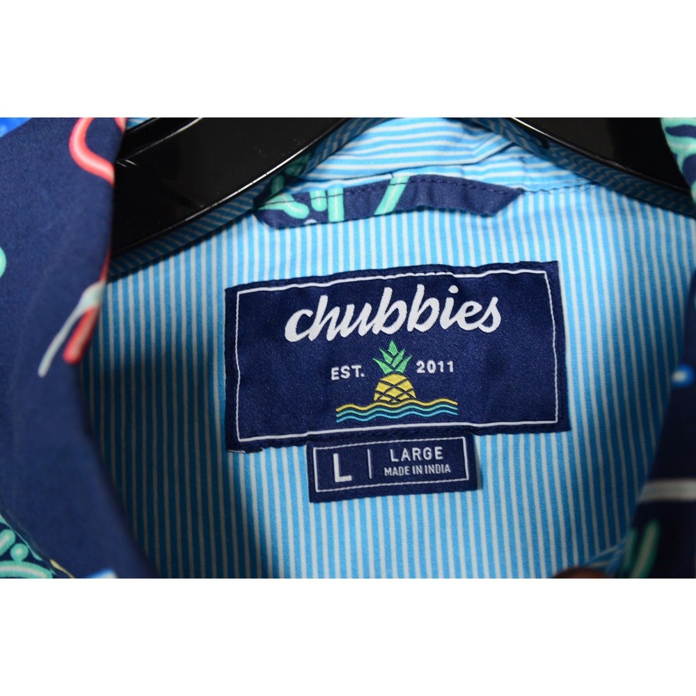 Chubbies Shirt Mens Large Blue Neon Tropical Flamingo Cocktail Button Up - Picture 5 of 8